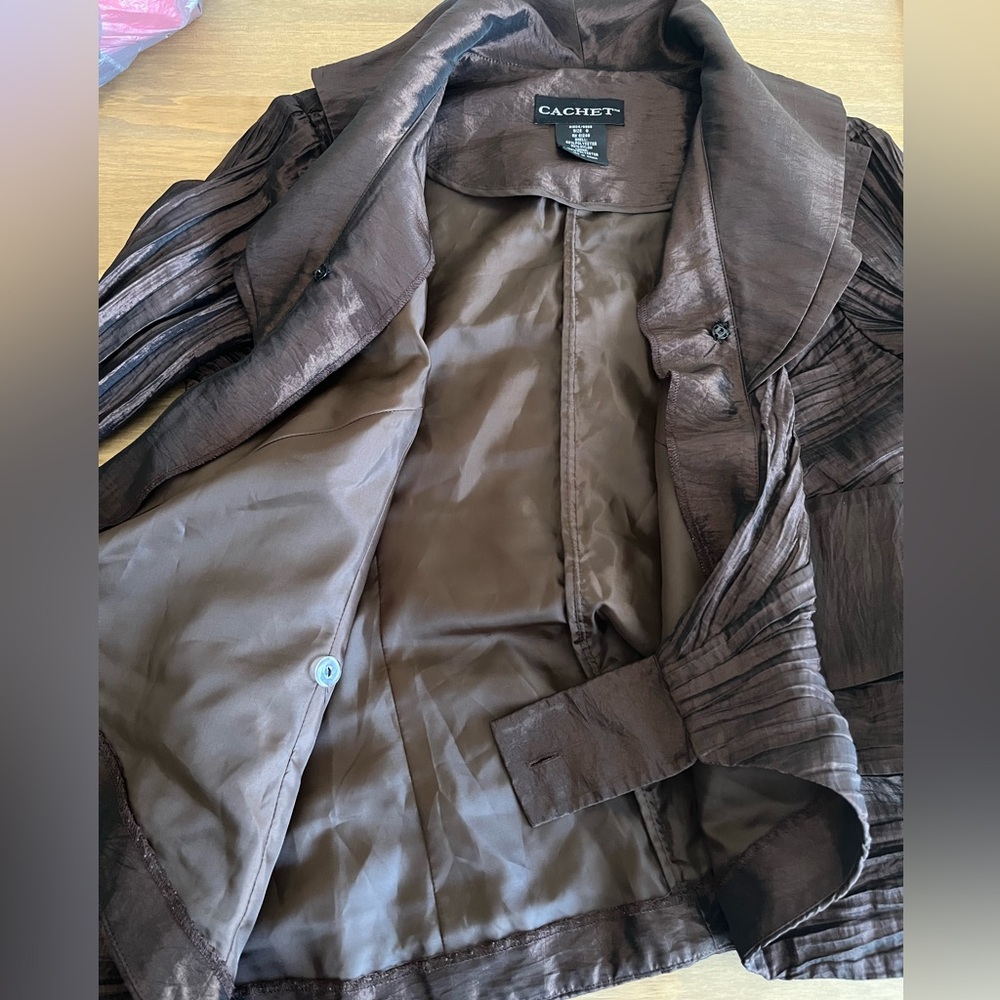 CACHET Vintage Copper Brown Satin Crop Crossover Wrap Jacket Top Lined Women’s 8 - Picture 10 of 11